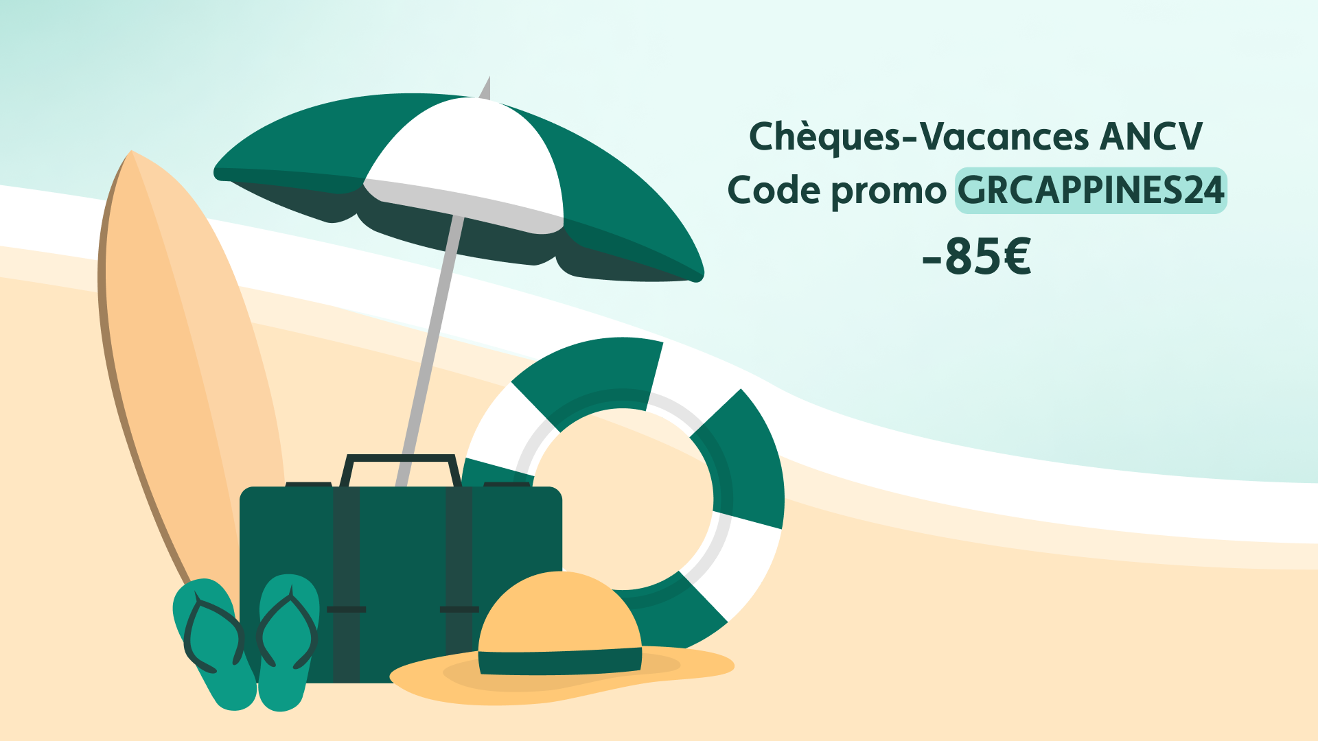 Code promo ANCV 2024 pour les Chèques-Vacances GRCAPPINES24 (-85€) 🏖